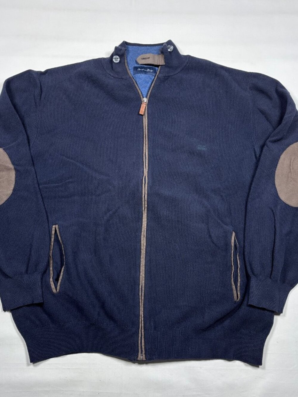 Christian Berg Blue 100% Cotton Full-Zip Sweater Jacket Elbow Patches Mens Large